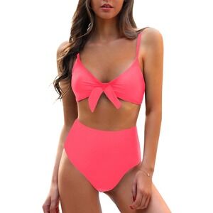 NWT Blooming Jelly High Waisted Bikini Set Tie Front 2PC Swim Neon Coral - Lg
